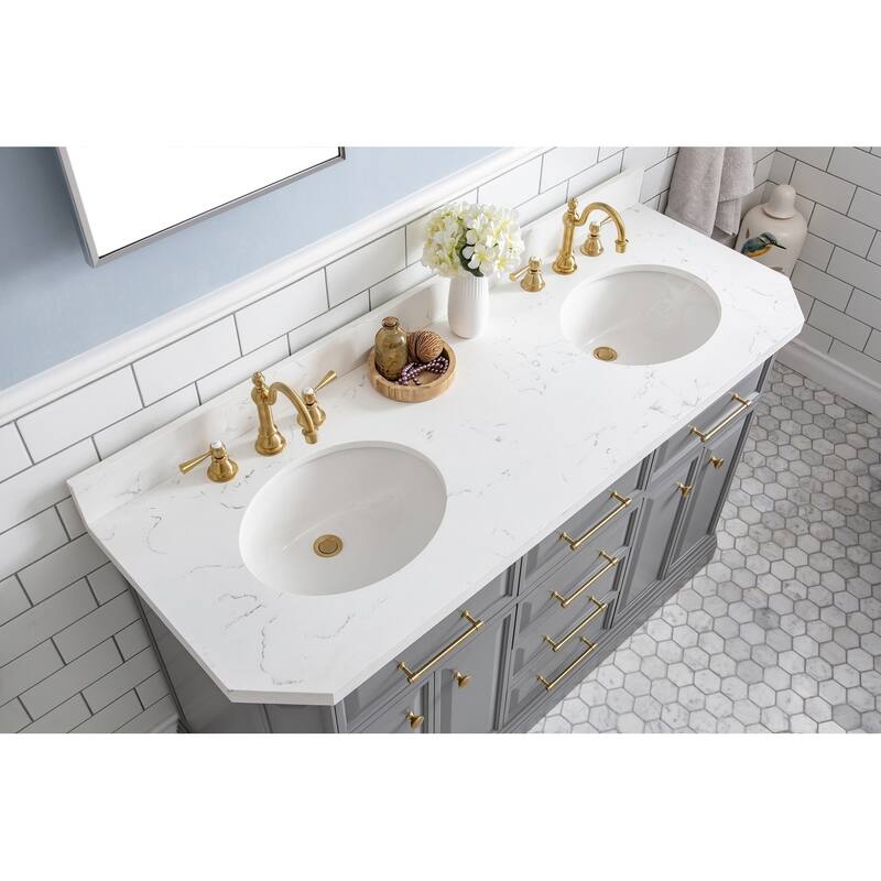 60" Palace Collection Quartz Carrara Cashmere Grey Bathroom Vanity Set With Hardware And F2-0012 Faucets