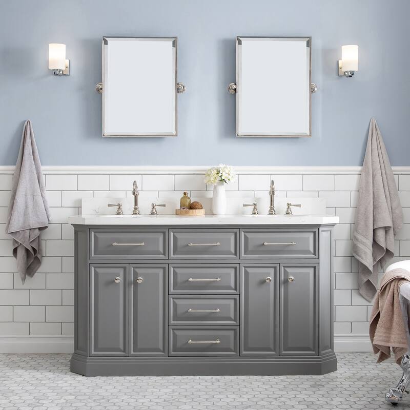60" Palace Collection Quartz Carrara Cashmere Grey Bathroom Vanity Set With Hardware And F2-0012 Faucets