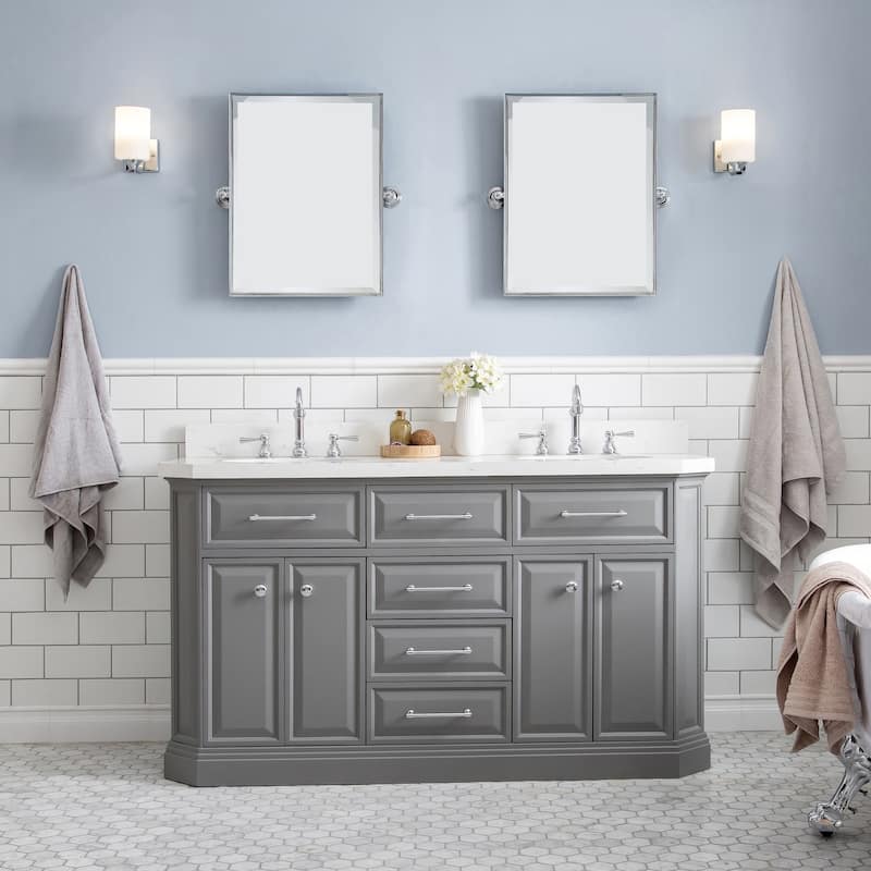 60" Palace Collection Quartz Carrara Cashmere Grey Bathroom Vanity Set With Hardware And F2-0012 Faucets