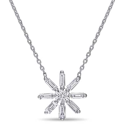 Miadora 14k White Gold 5/8ct TDW Baguette and Round-Cut Diamond Flower Necklace
