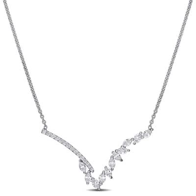 Miadora 14k White Gold 1/2ct TDW Round and Marquise-Cut Diamond V-Shape Bar Necklace