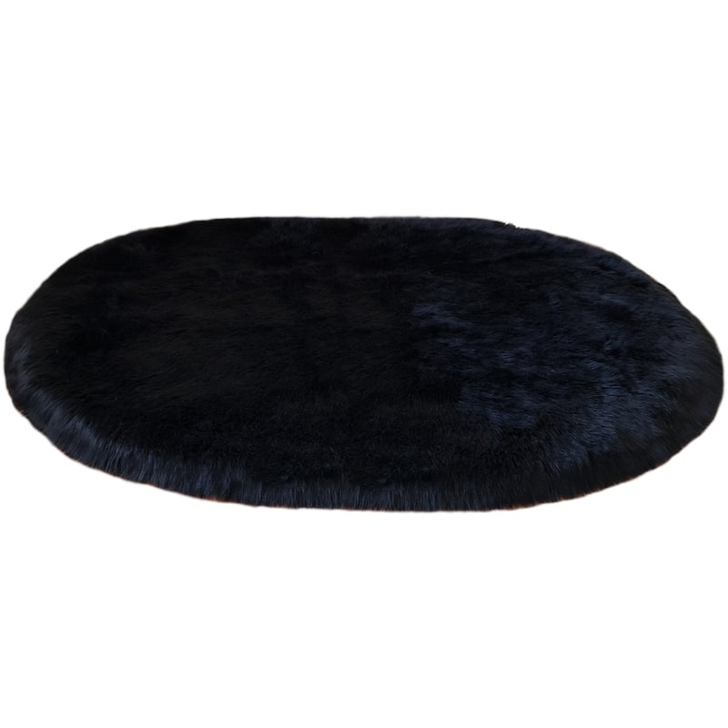 Silver Orchid Nansen Faux Sheepskin Oval Shape Shag Area Rug - 8' x 11' Oval - Black