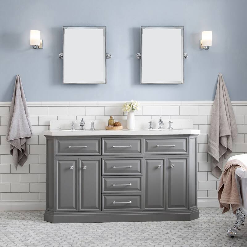 60" Palace Collection Quartz Carrara Cashmere Grey Bathroom Vanity Set With Hardware And F2-0013 Faucets