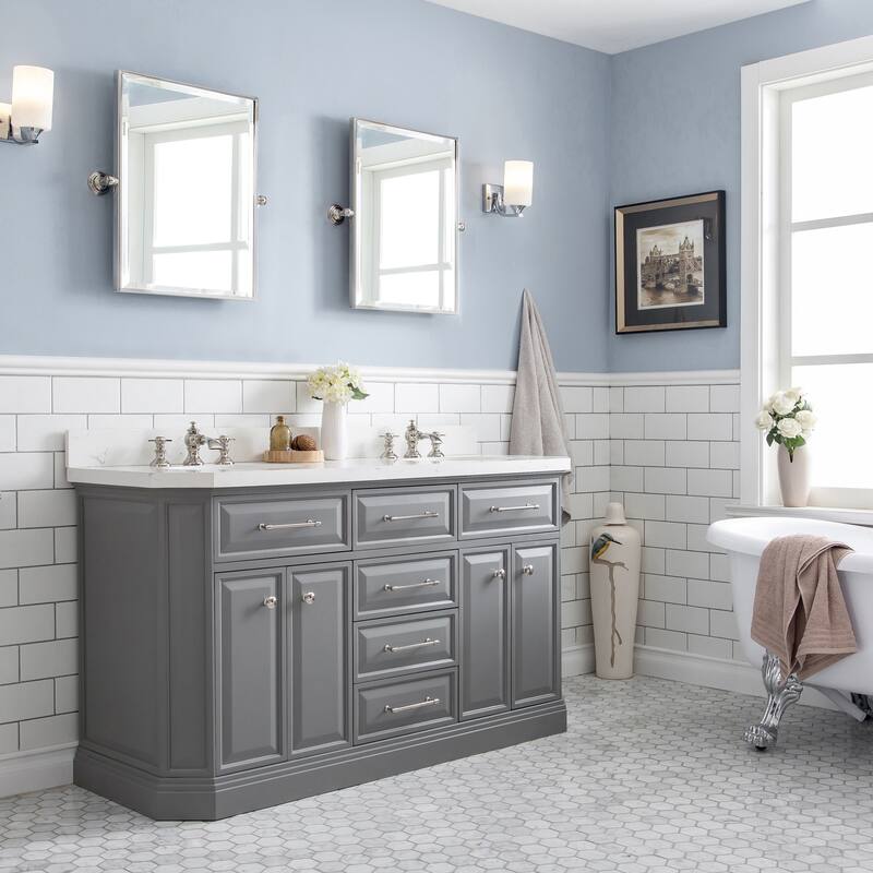 60" Palace Collection Quartz Carrara Cashmere Grey Bathroom Vanity Set With Hardware And F2-0013 Faucets - Polished/Nickel Finish - Cashmere Grey