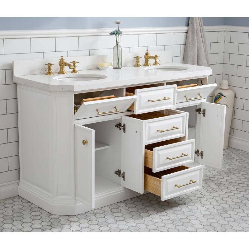 60" Palace Collection Quartz Carrara Cashmere Grey Bathroom Vanity Set With Hardware And F2-0013 Faucets