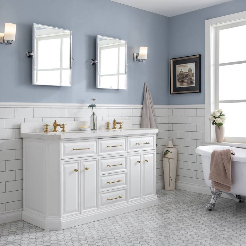 60" Palace Collection Quartz Carrara Cashmere Grey Bathroom Vanity Set With Hardware And F2-0013 Faucets - Satin/Gold Finish - Pure White
