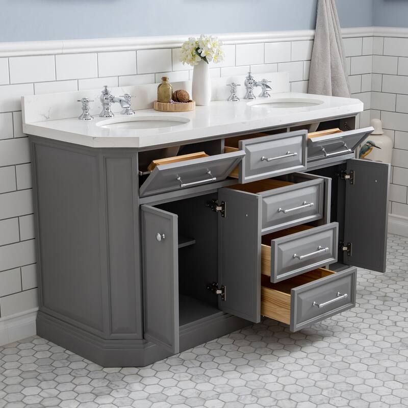 60" Palace Collection Quartz Carrara Cashmere Grey Bathroom Vanity Set With Hardware And F2-0013 Faucets