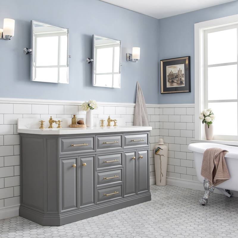 60" Palace Collection Quartz Carrara Cashmere Grey Bathroom Vanity Set With Hardware And F2-0013 Faucets - Satin/Gold Finish - Cashmere Grey