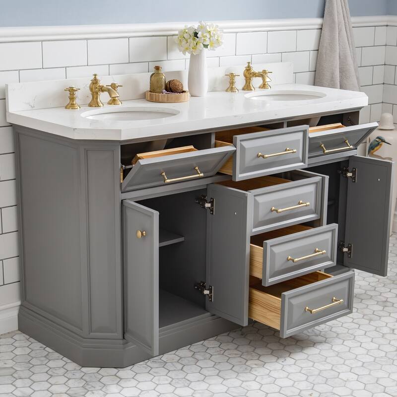 60" Palace Collection Quartz Carrara Cashmere Grey Bathroom Vanity Set With Hardware And F2-0013 Faucets