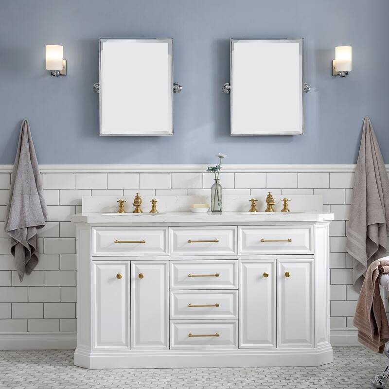 60" Palace Collection Quartz Carrara Cashmere Grey Bathroom Vanity Set With Hardware And F2-0013 Faucets