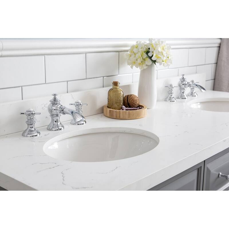 60" Palace Collection Quartz Carrara Cashmere Grey Bathroom Vanity Set With Hardware And F2-0013 Faucets