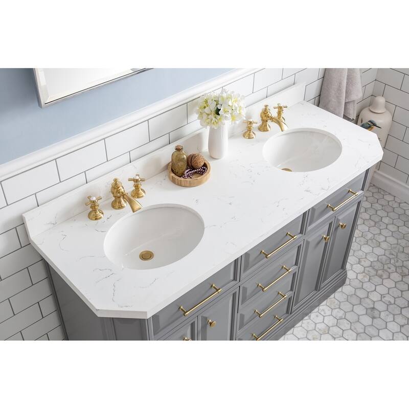 60" Palace Collection Quartz Carrara Cashmere Grey Bathroom Vanity Set With Hardware And F2-0013 Faucets