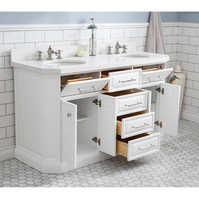 60" Palace Collection Quartz Carrara Cashmere Grey Bathroom Vanity Set With Hardware And F2-0013 Faucets