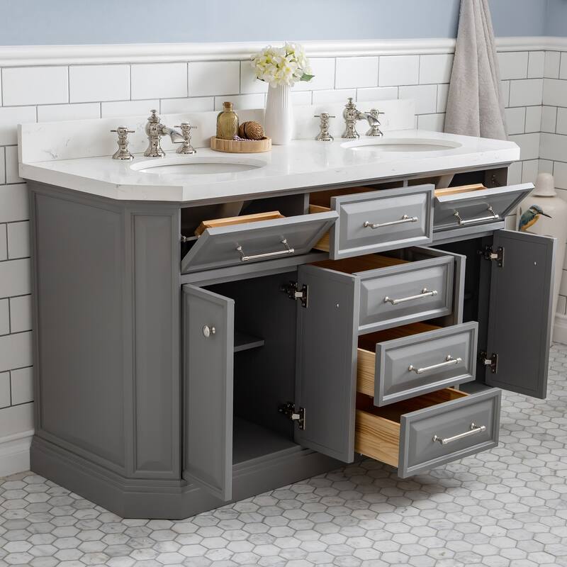 60" Palace Collection Quartz Carrara Cashmere Grey Bathroom Vanity Set With Hardware And F2-0013 Faucets