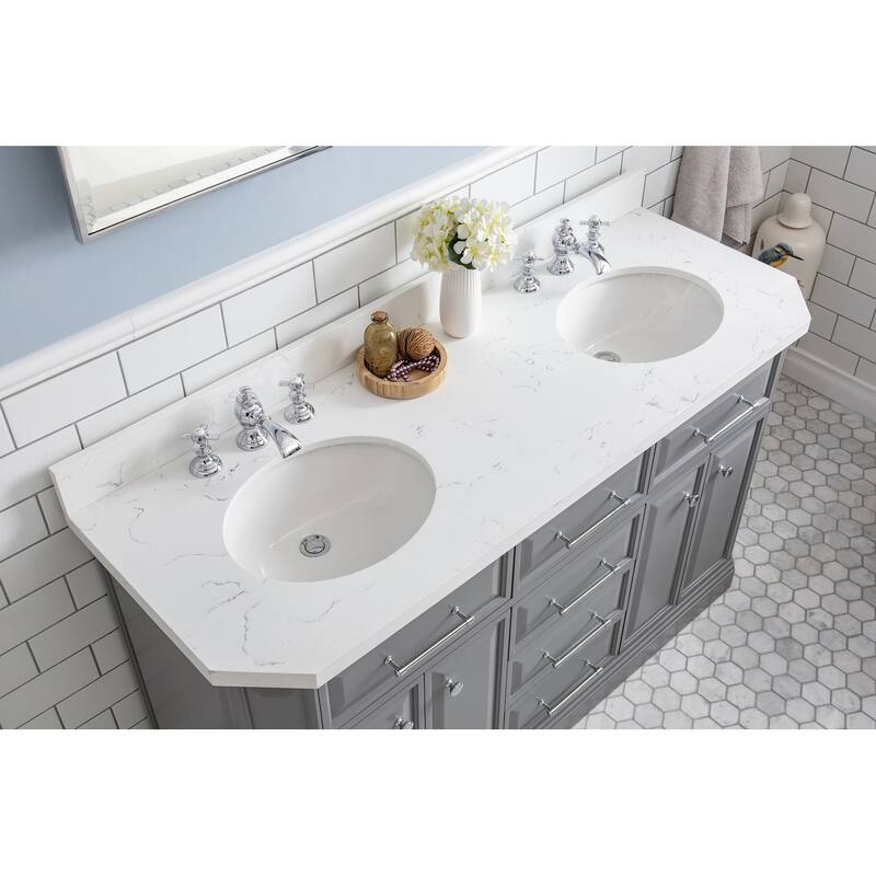 60" Palace Collection Quartz Carrara Cashmere Grey Bathroom Vanity Set With Hardware And F2-0013 Faucets