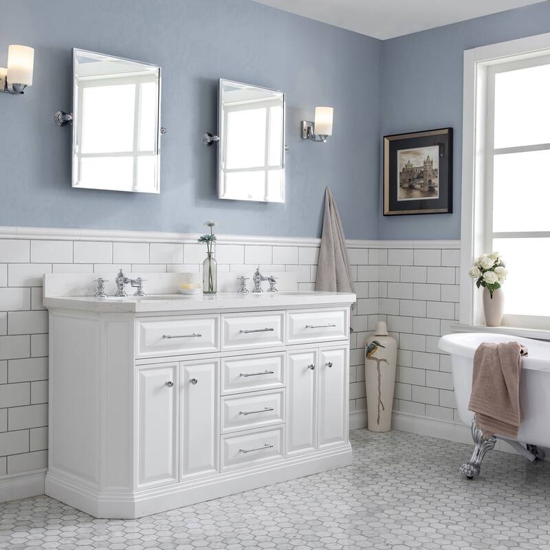 60" Palace Collection Quartz Carrara Cashmere Grey Bathroom Vanity Set With Hardware And F2-0013 Faucets - Polished/Chrome Finish - Pure White
