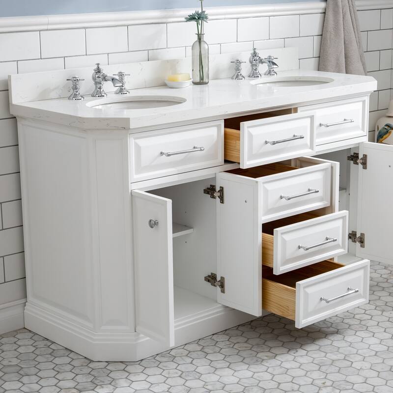60" Palace Collection Quartz Carrara Cashmere Grey Bathroom Vanity Set With Hardware And F2-0013 Faucets