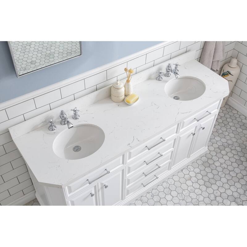 72" Palace Collection Quartz Carrara Cashmere Grey Bathroom Vanity Set With Hardware And F2-0013 Faucets