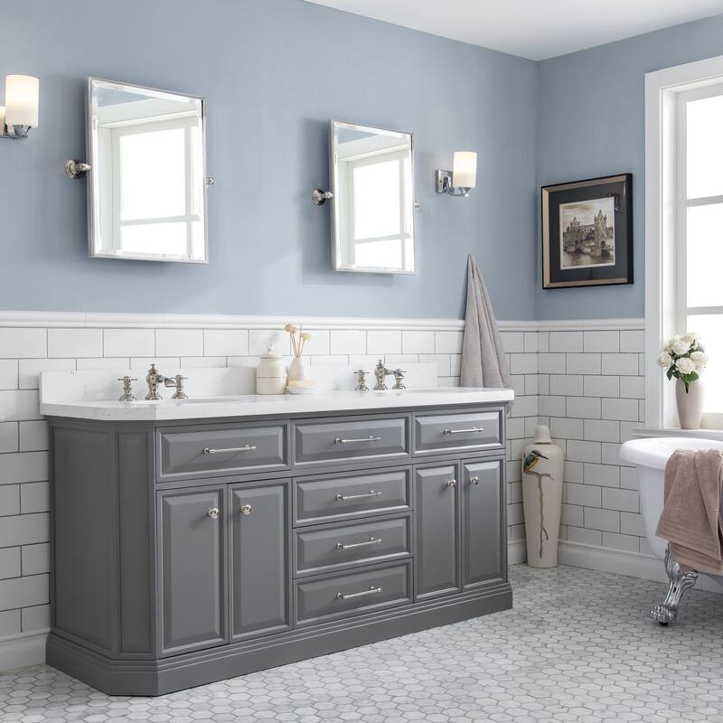 72" Palace Collection Quartz Carrara Cashmere Grey Bathroom Vanity Set With Hardware And F2-0013 Faucets - Polished/Nickel Finish - Cashmere Grey