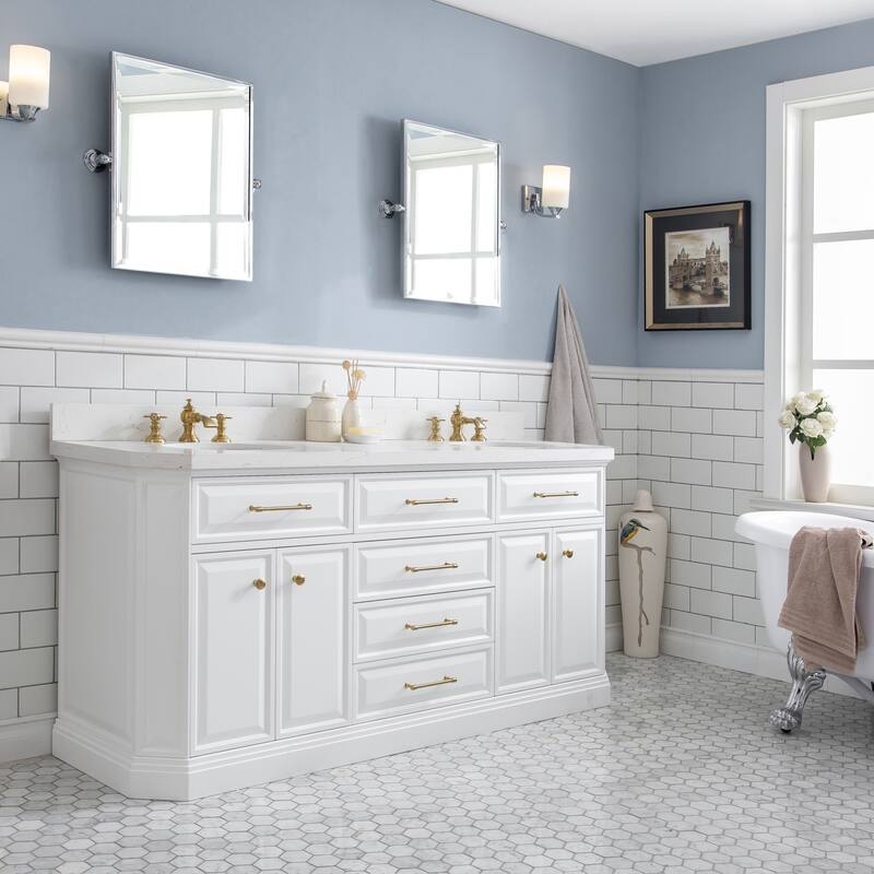 72" Palace Collection Quartz Carrara Cashmere Grey Bathroom Vanity Set With Hardware And F2-0013 Faucets - Satin/Gold Finish - Pure White