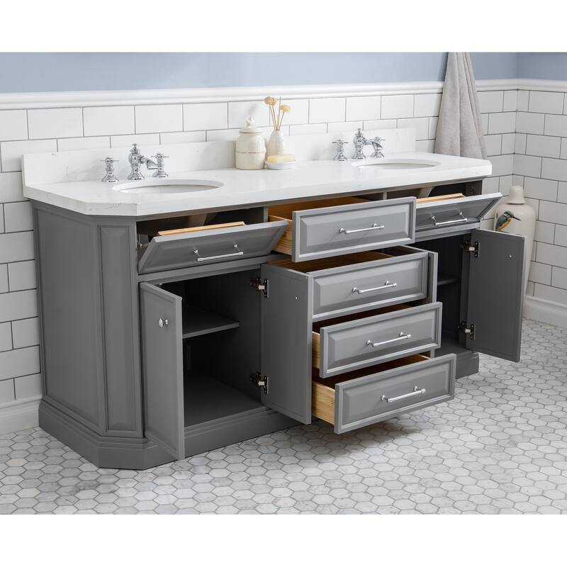 72" Palace Collection Quartz Carrara Cashmere Grey Bathroom Vanity Set With Hardware And F2-0013 Faucets