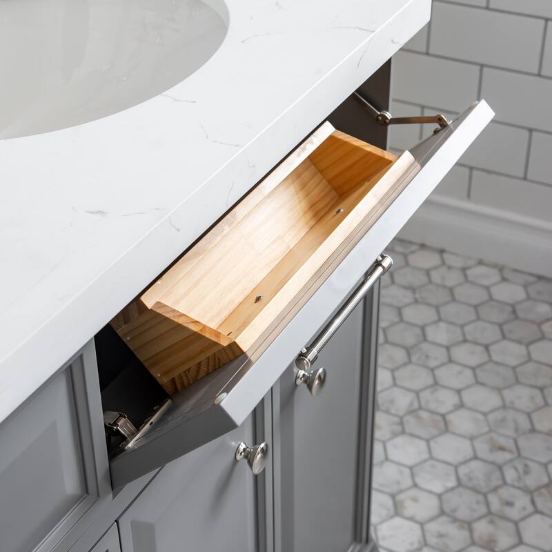 72" Palace Collection Quartz Carrara Cashmere Grey Bathroom Vanity Set With Hardware And F2-0013 Faucets