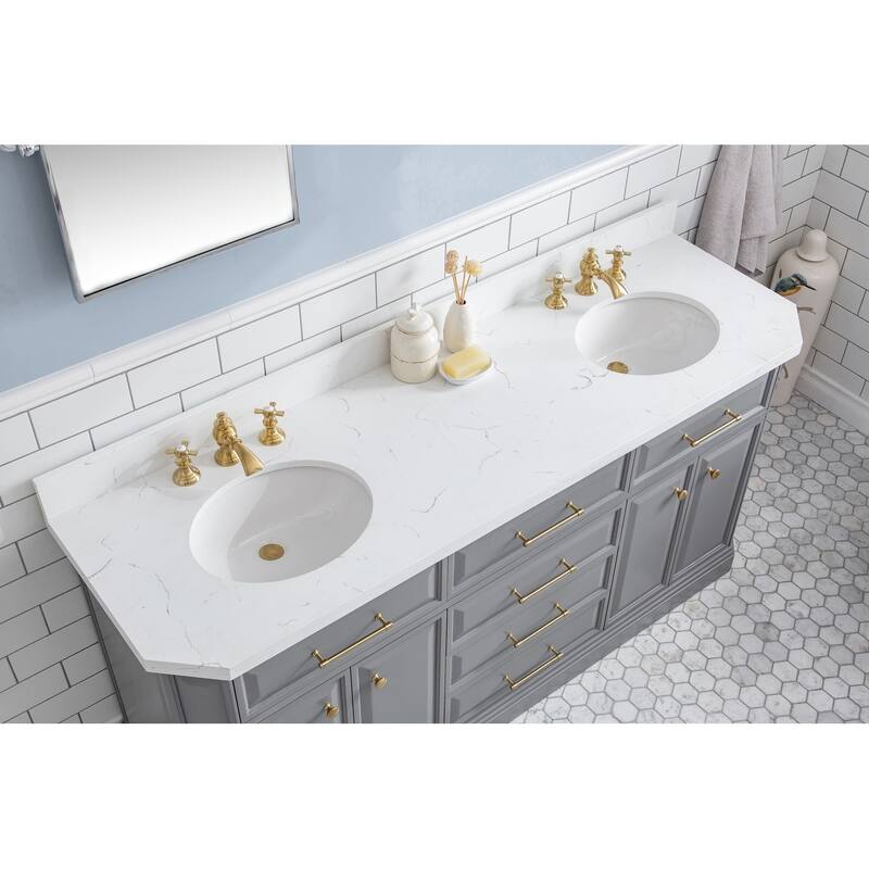 72" Palace Collection Quartz Carrara Cashmere Grey Bathroom Vanity Set With Hardware And F2-0013 Faucets
