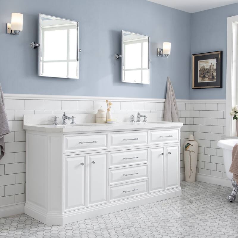 72" Palace Collection Quartz Carrara Cashmere Grey Bathroom Vanity Set With Hardware And F2-0013 Faucets - Polished/Chrome Finish - Pure White