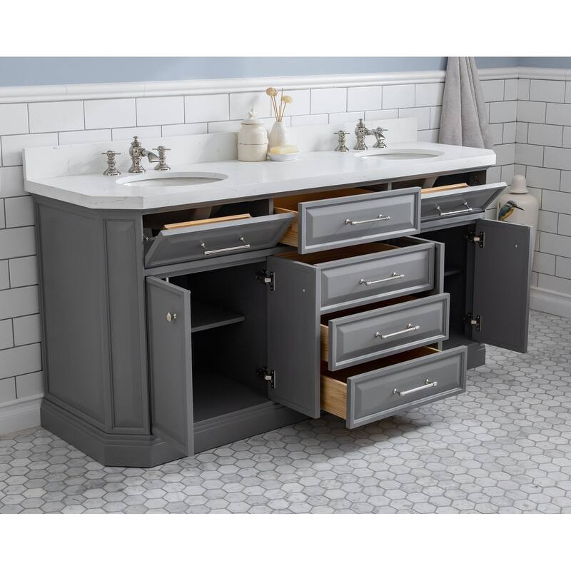 72" Palace Collection Quartz Carrara Cashmere Grey Bathroom Vanity Set With Hardware And F2-0013 Faucets