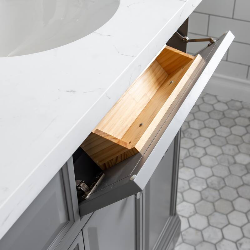 72" Palace Collection Quartz Carrara Cashmere Grey Bathroom Vanity Set With Hardware And F2-0013 Faucets