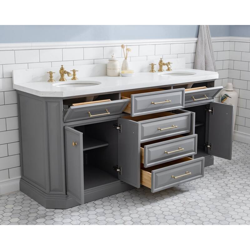 72" Palace Collection Quartz Carrara Cashmere Grey Bathroom Vanity Set With Hardware And F2-0013 Faucets