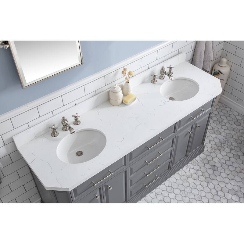 72" Palace Collection Quartz Carrara Cashmere Grey Bathroom Vanity Set With Hardware And F2-0013 Faucets