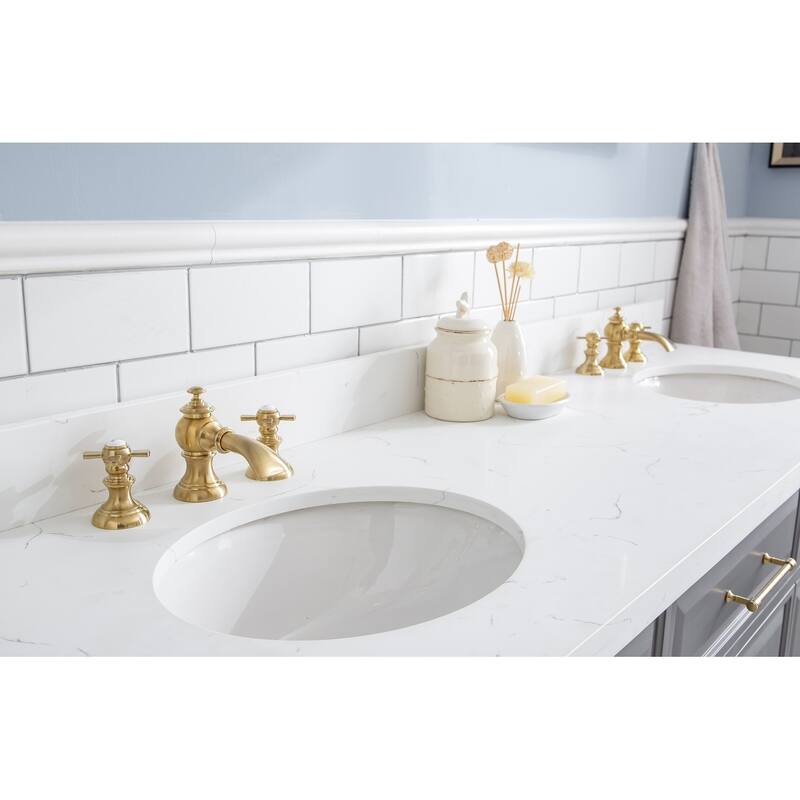 72" Palace Collection Quartz Carrara Cashmere Grey Bathroom Vanity Set With Hardware And F2-0013 Faucets
