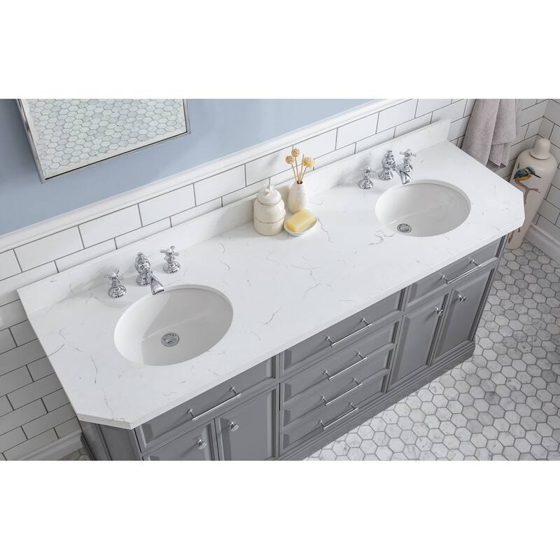 72" Palace Collection Quartz Carrara Cashmere Grey Bathroom Vanity Set With Hardware And F2-0013 Faucets
