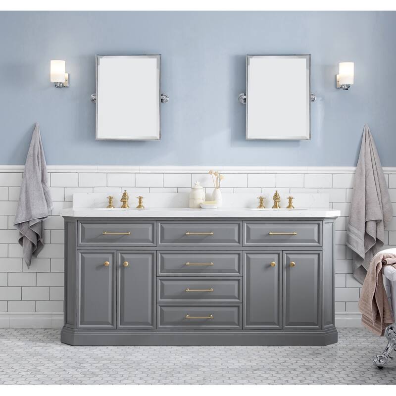 72" Palace Collection Quartz Carrara Cashmere Grey Bathroom Vanity Set With Hardware And F2-0013 Faucets