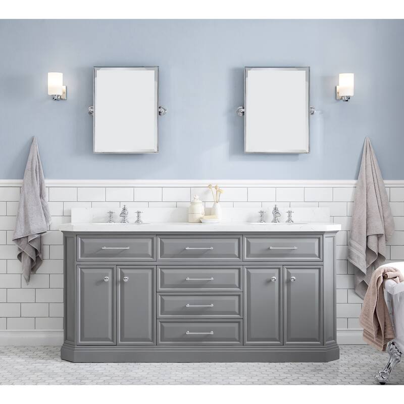 72" Palace Collection Quartz Carrara Cashmere Grey Bathroom Vanity Set With Hardware And F2-0013 Faucets