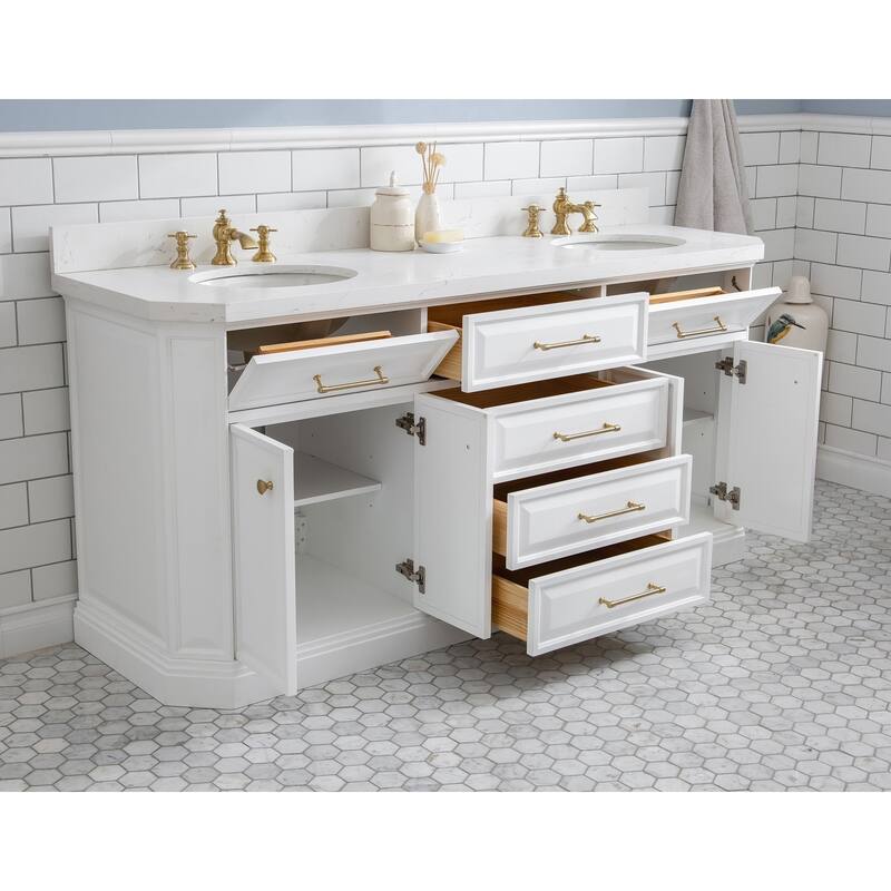 72" Palace Collection Quartz Carrara Cashmere Grey Bathroom Vanity Set With Hardware And F2-0013 Faucets