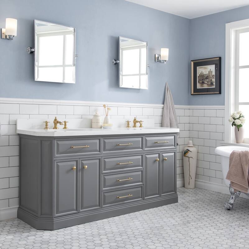 72" Palace Collection Quartz Carrara Cashmere Grey Bathroom Vanity Set With Hardware And F2-0013 Faucets