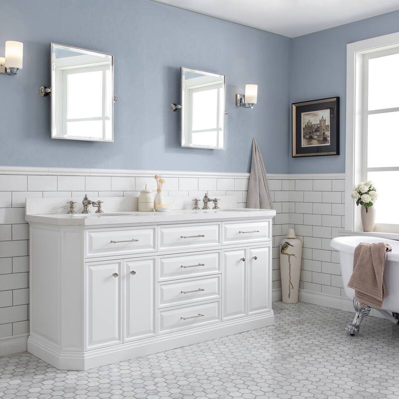 72" Palace Collection Quartz Carrara Cashmere Grey Bathroom Vanity Set With Hardware And F2-0013 Faucets - Polished/Nickel Finish - Pure White