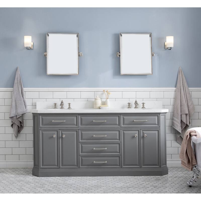 72" Palace Collection Quartz Carrara Cashmere Grey Bathroom Vanity Set With Hardware And F2-0013 Faucets