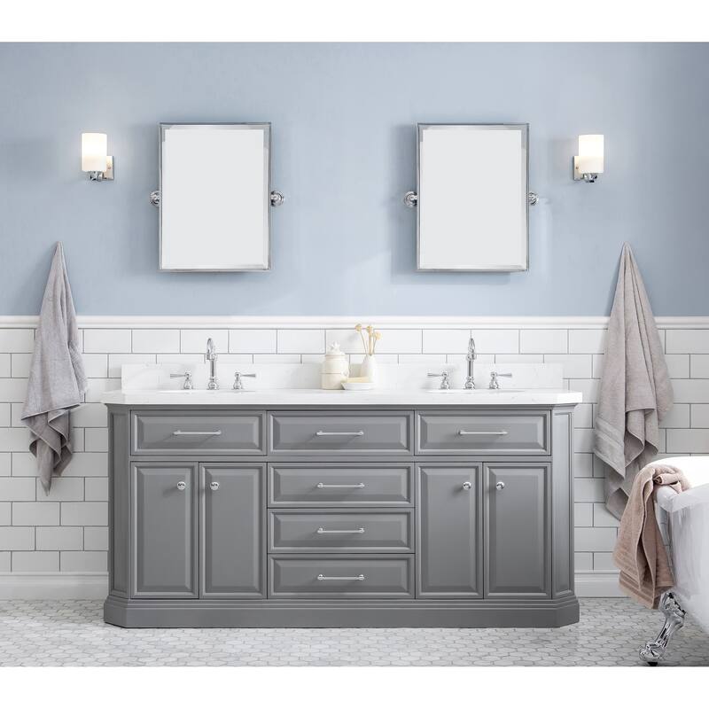 72" Palace Collection Quartz Carrara Cashmere Grey Bathroom Vanity Set With Hardware And F2-0012 Faucets