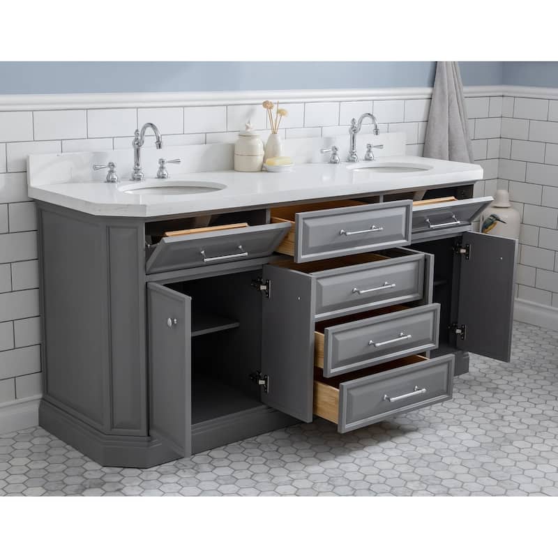 72" Palace Collection Quartz Carrara Cashmere Grey Bathroom Vanity Set With Hardware And F2-0012 Faucets