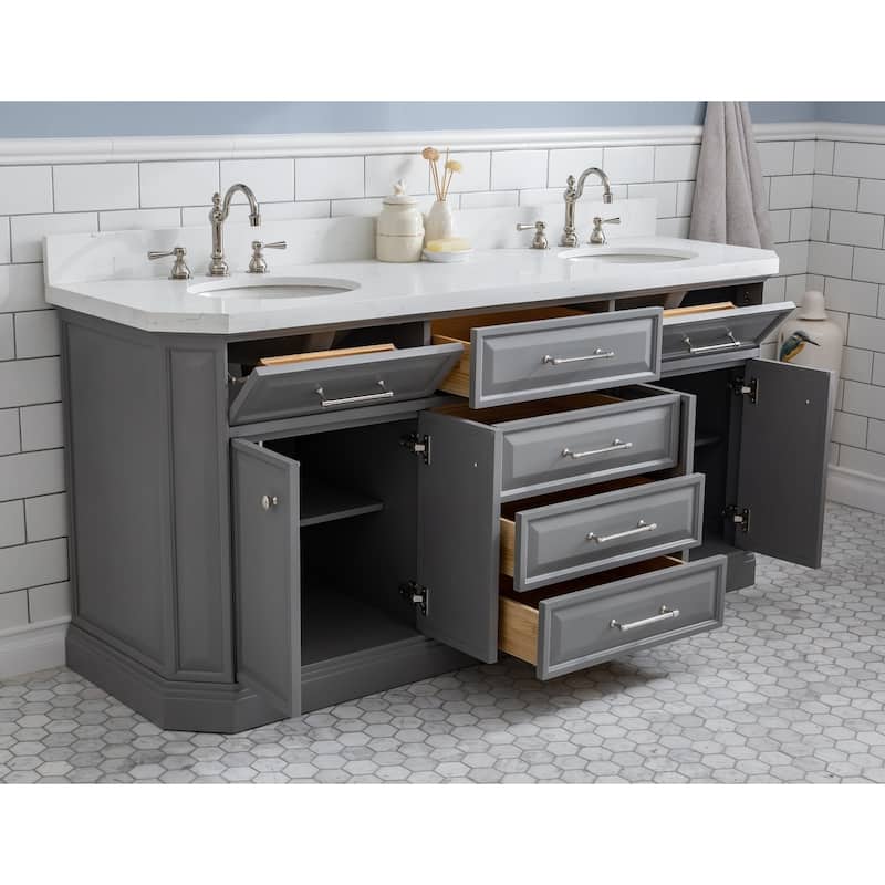 72" Palace Collection Quartz Carrara Cashmere Grey Bathroom Vanity Set With Hardware And F2-0012 Faucets