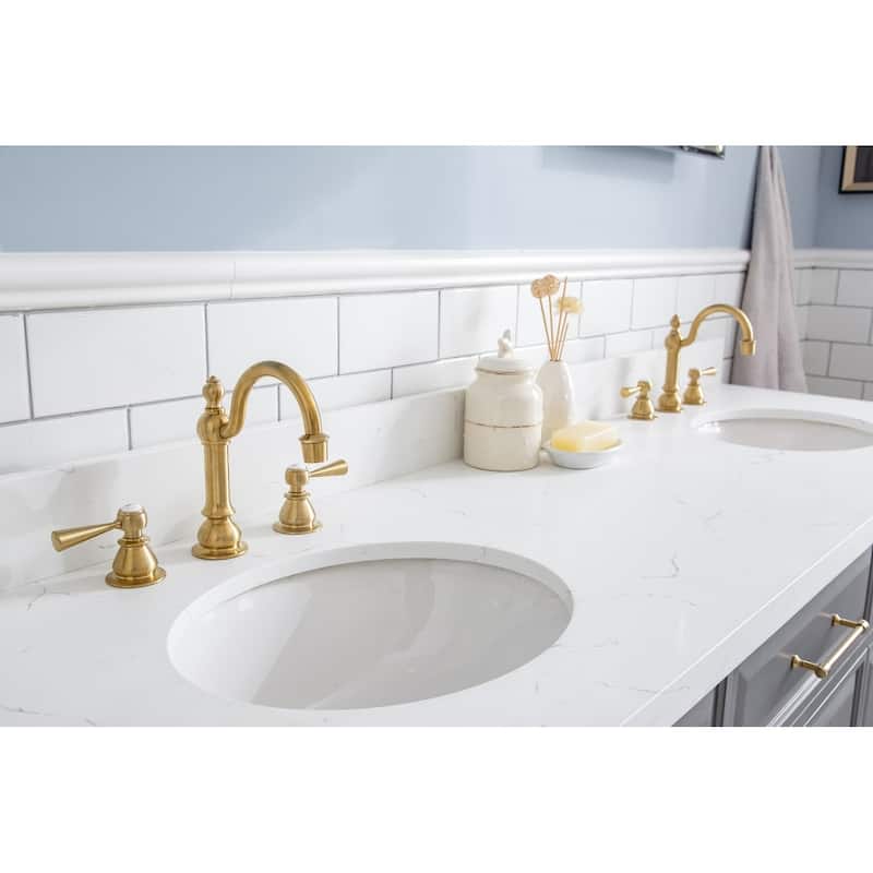 72" Palace Collection Quartz Carrara Cashmere Grey Bathroom Vanity Set With Hardware And F2-0012 Faucets