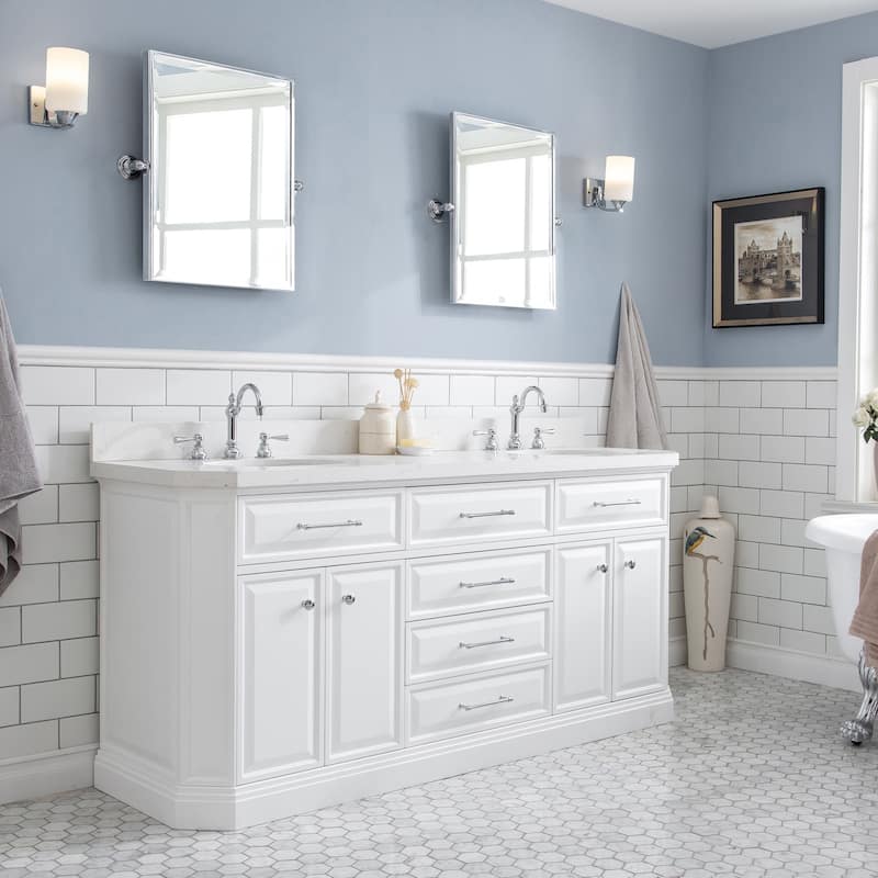 72" Palace Collection Quartz Carrara Cashmere Grey Bathroom Vanity Set With Hardware And F2-0012 Faucets - Nickel Finish/Chrome Finish - Pure White