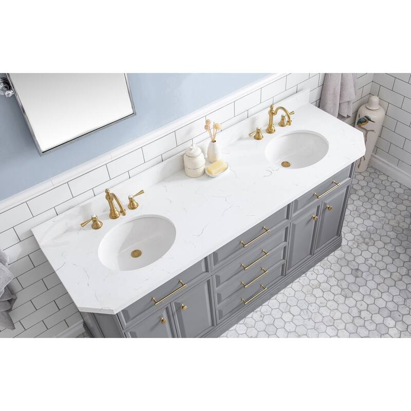 72" Palace Collection Quartz Carrara Cashmere Grey Bathroom Vanity Set With Hardware And F2-0012 Faucets