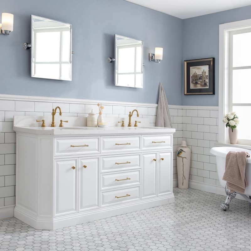 72" Palace Collection Quartz Carrara Cashmere Grey Bathroom Vanity Set With Hardware And F2-0012 Faucets - Satin/Gold Finish - Pure White