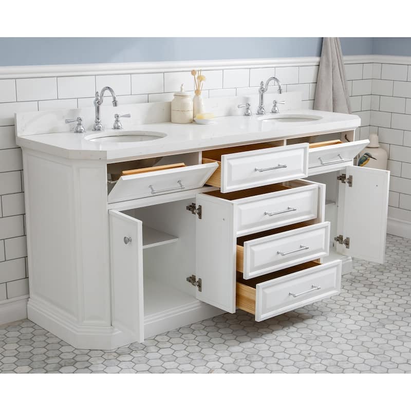72" Palace Collection Quartz Carrara Cashmere Grey Bathroom Vanity Set With Hardware And F2-0012 Faucets