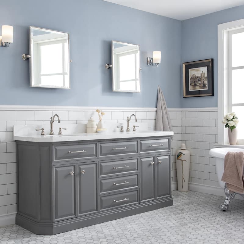 72" Palace Collection Quartz Carrara Cashmere Grey Bathroom Vanity Set With Hardware And F2-0012 Faucets