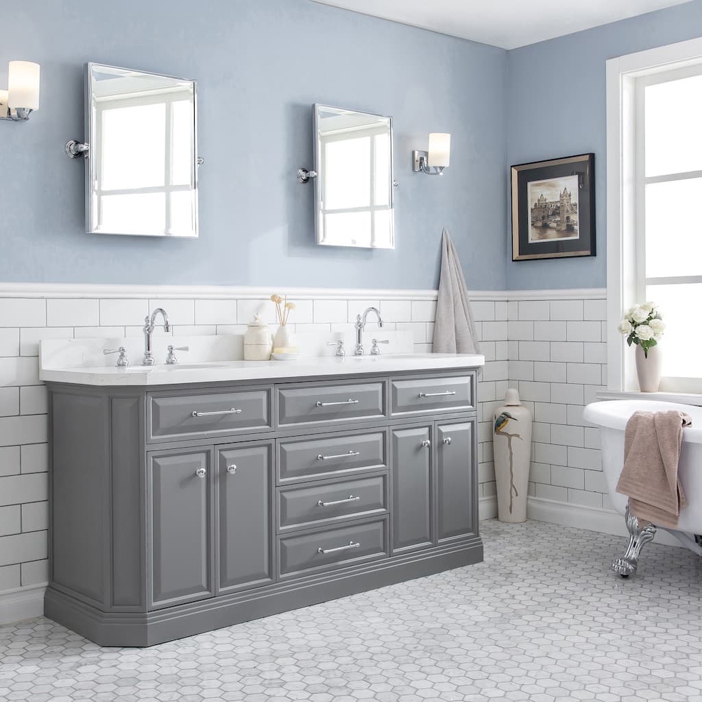 72" Palace Collection Quartz Carrara Cashmere Grey Bathroom Vanity Set With Hardware And F2-0012 Faucets